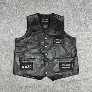 Navarre Leather Company Vest Mens L Genuine Leather Jesus Christian Patches WWJD